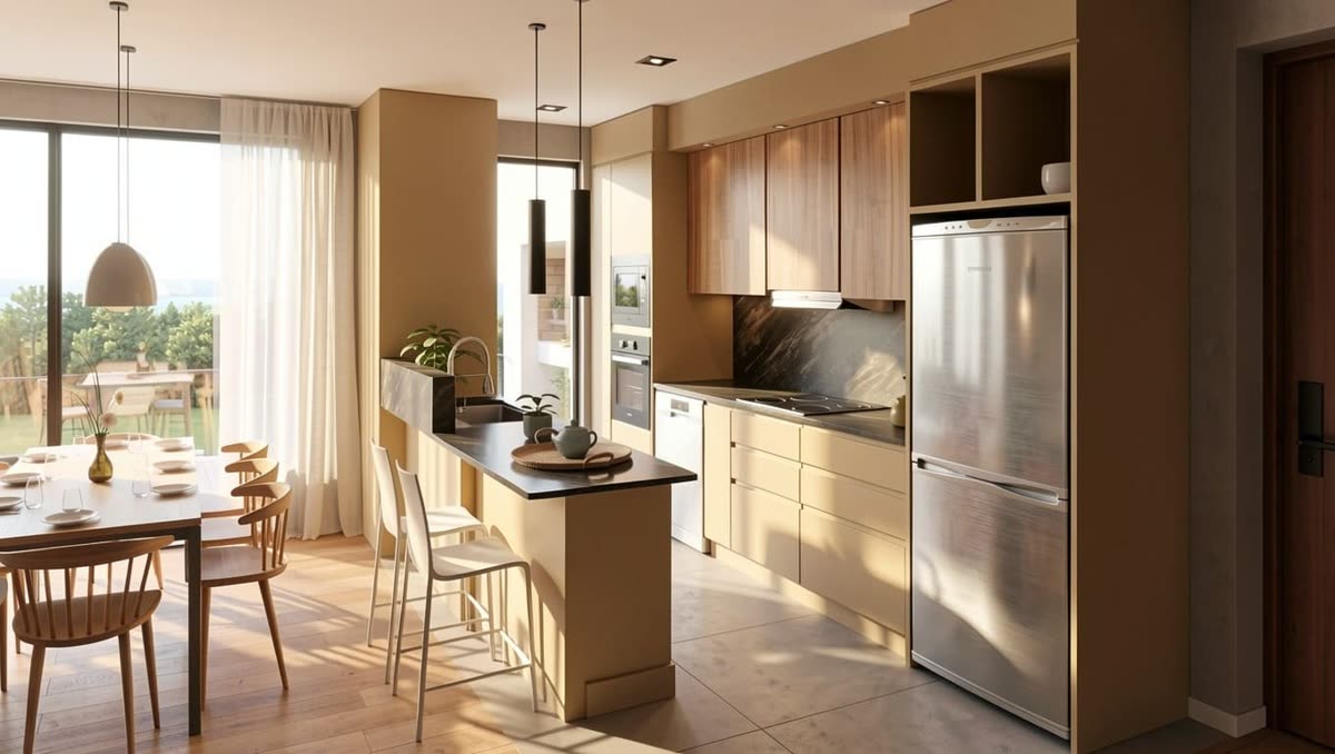 Render de la cocina con barra