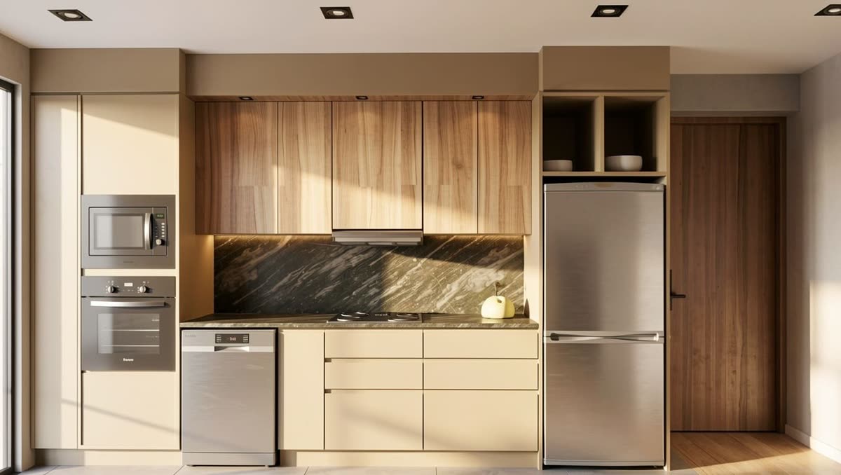 Render de la cocina equipada con horno y heladera
