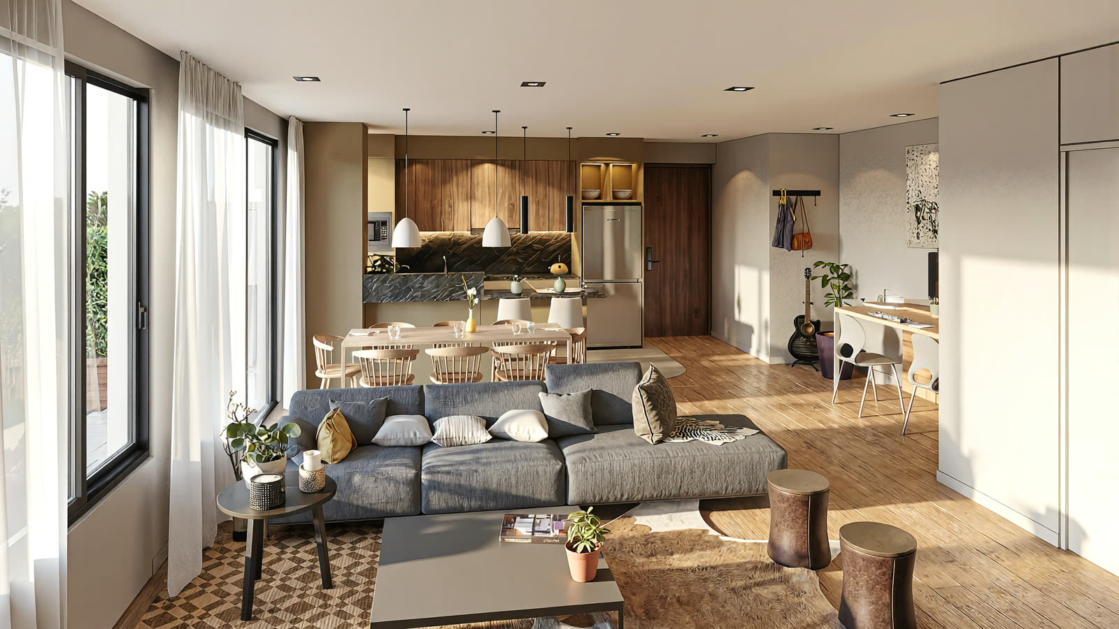 Render del living comedor integrado con la cocina