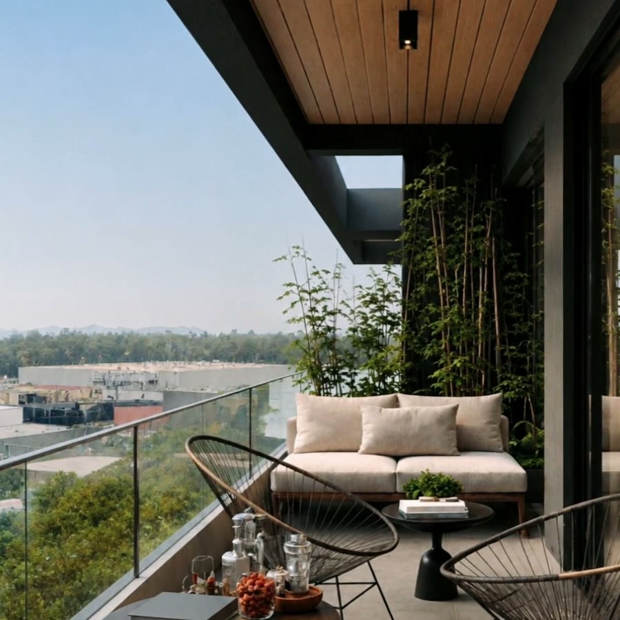 Render de un balcón amplio con living exterior